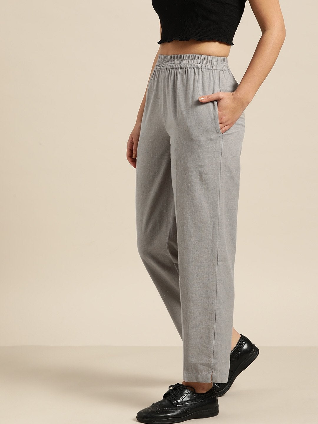 Women's Grey Tapered Pants With Inlay Pockets