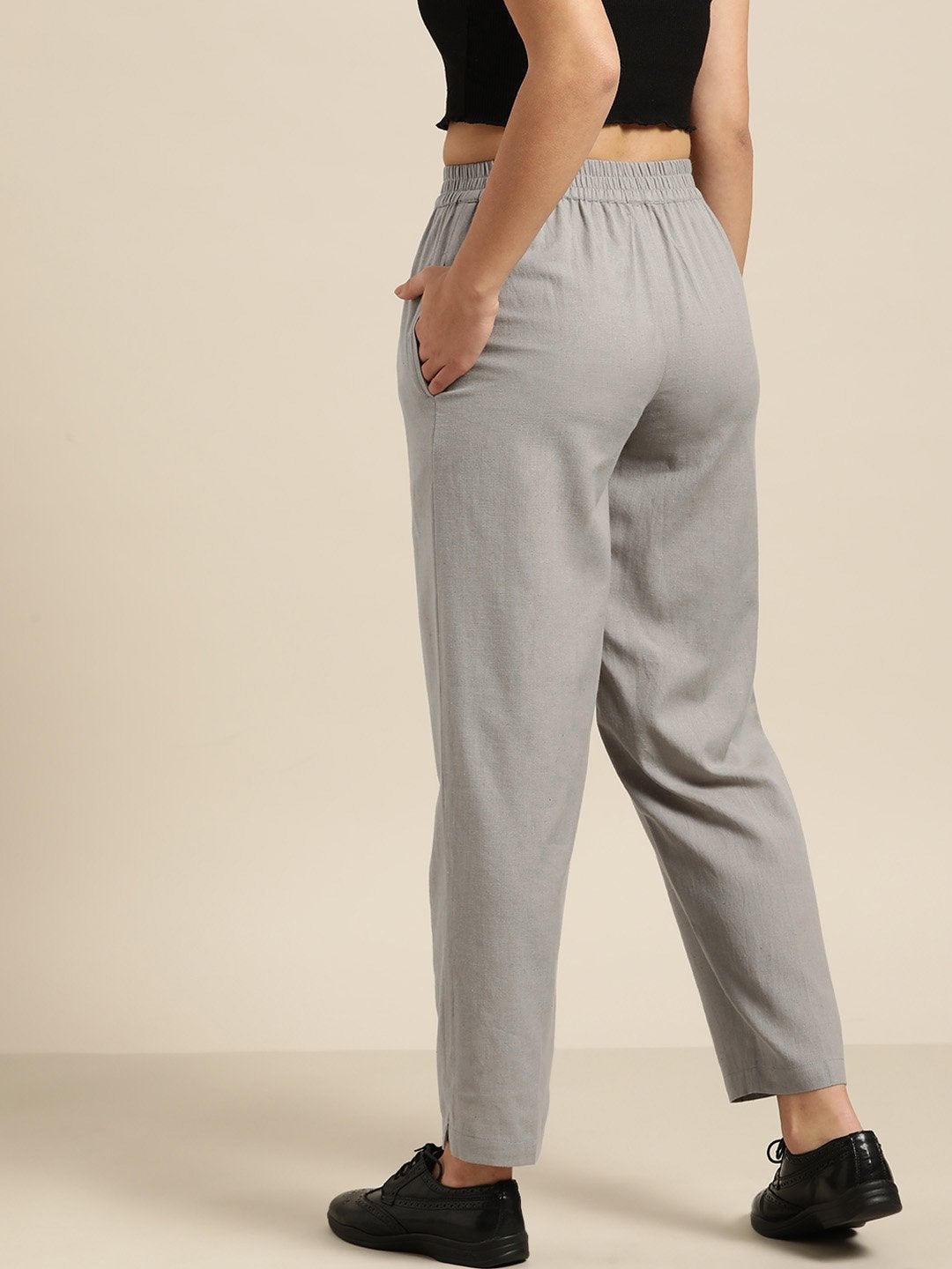 Women's Grey Tapered Pants With Inlay Pockets