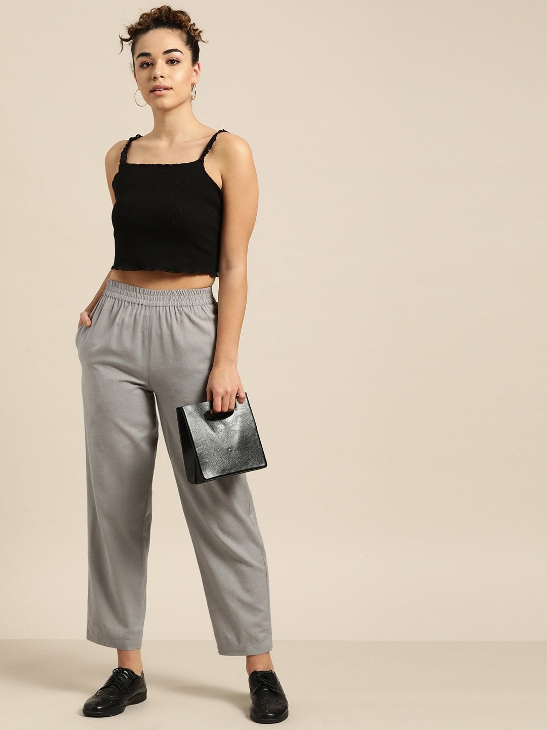 Women's Grey Tapered Pants With Inlay Pockets