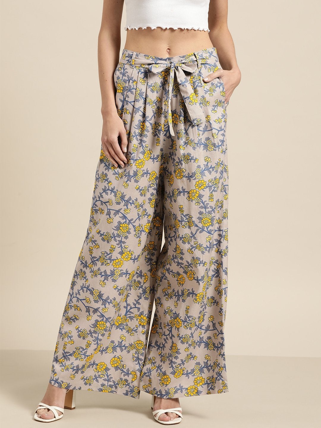 Women's Grey Floral Pleated Palazzo