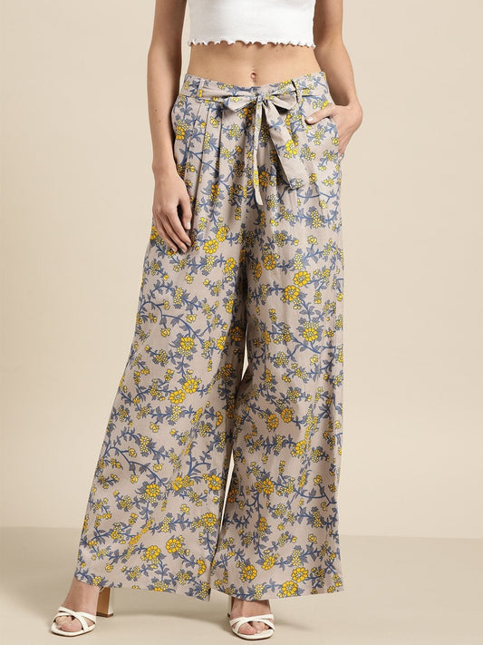 Women's Grey Floral Pleated Palazzo