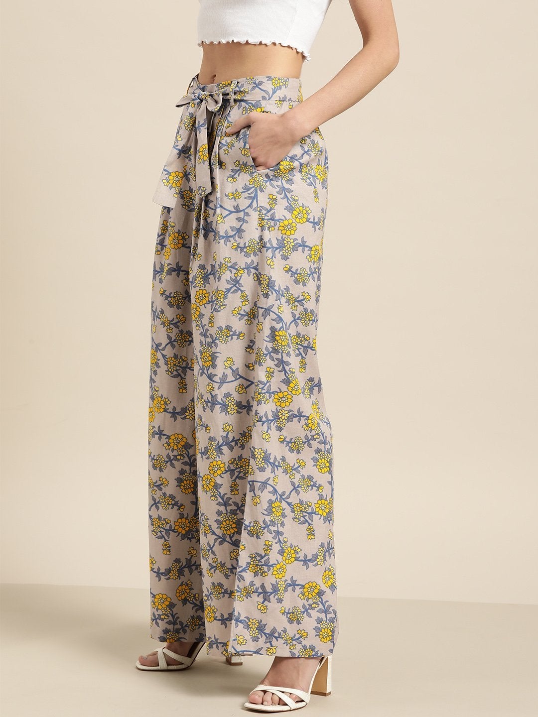 Women's Grey Floral Pleated Palazzo
