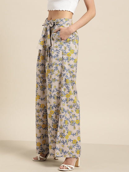 Women's Grey Floral Pleated Palazzo