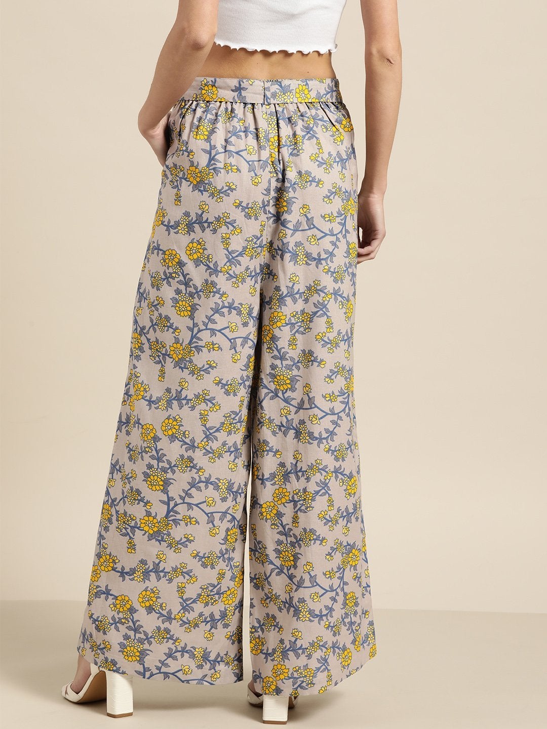 Women's Grey Floral Pleated Palazzo