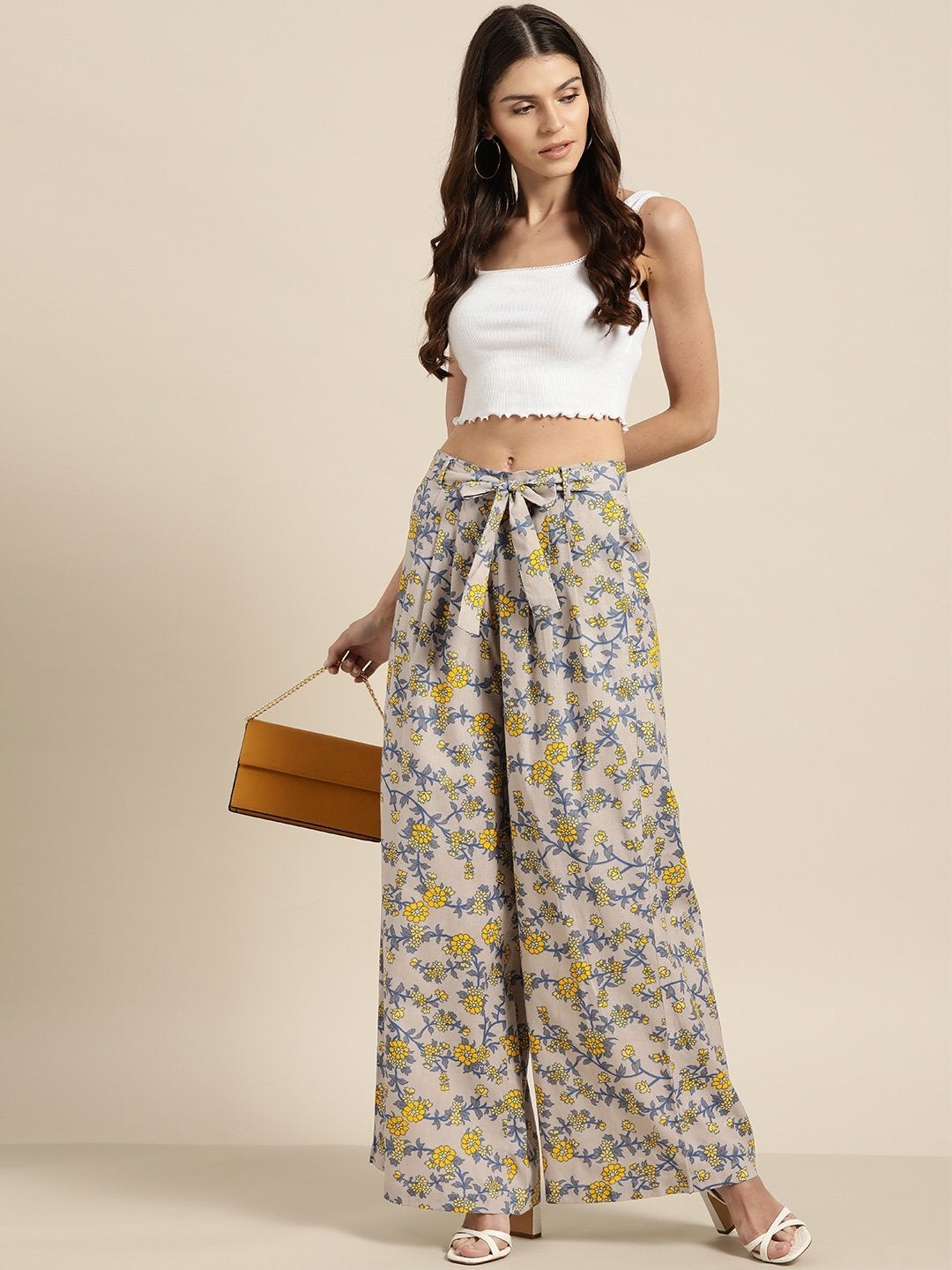 Women's Grey Floral Pleated Palazzo