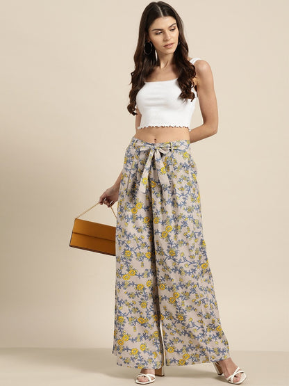 Women's Grey Floral Pleated Palazzo