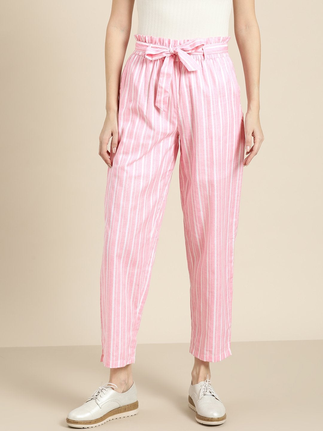 Women's Pink Stripes Paper Bag Pants