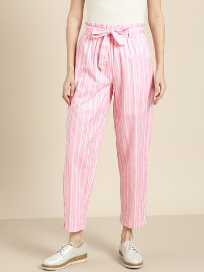 Women's Pink Stripes Paper Bag Pants