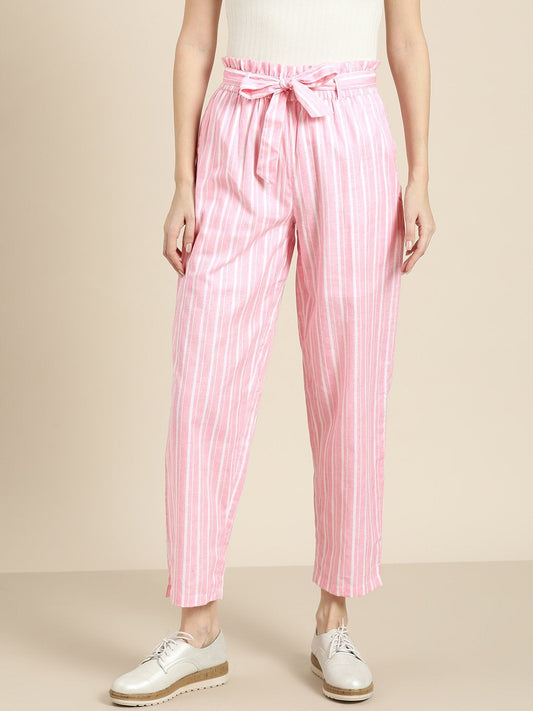 Women's Pink Stripes Paper Bag Pants
