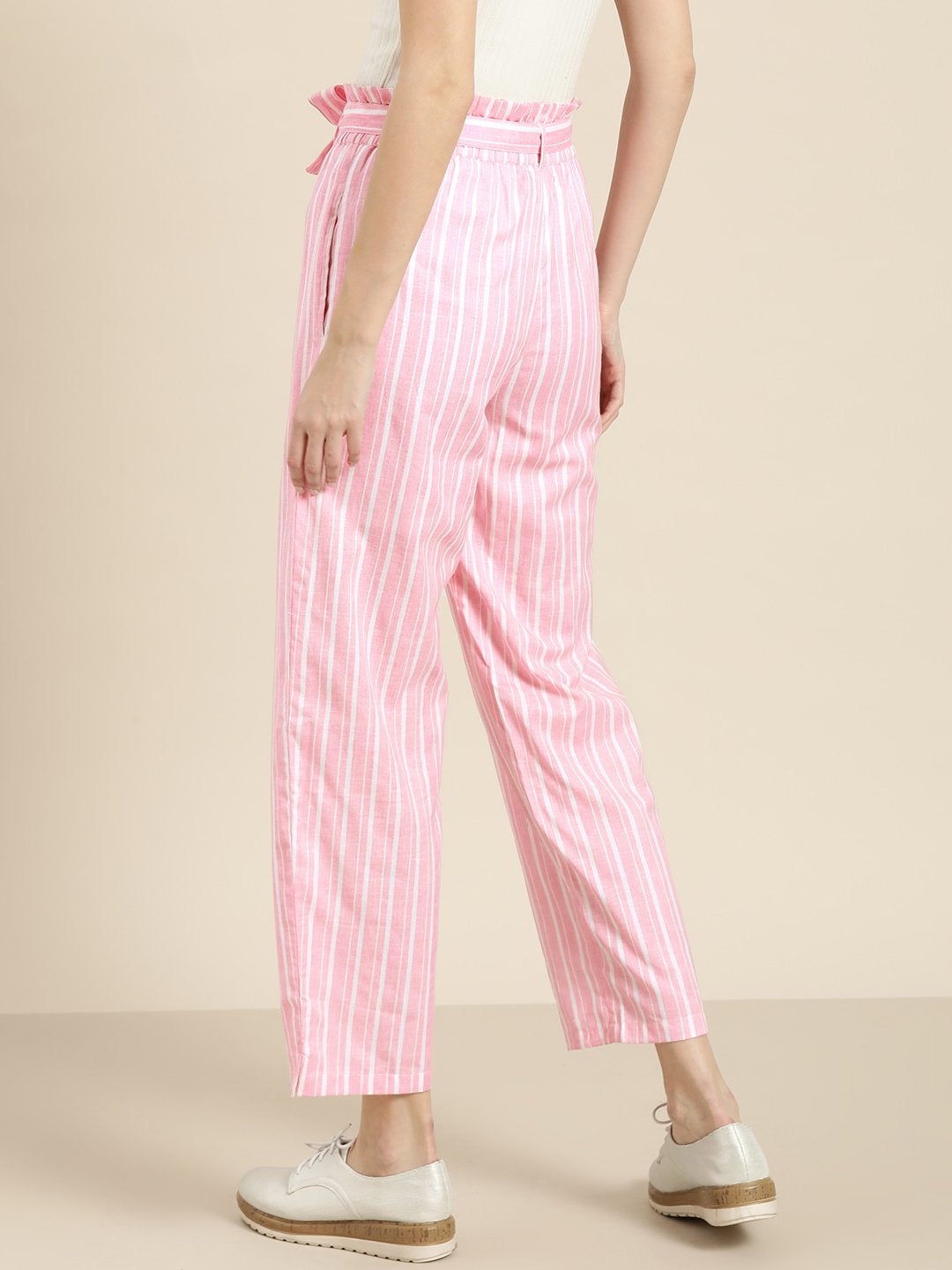 Women's Pink Stripes Paper Bag Pants