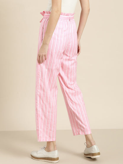 Women's Pink Stripes Paper Bag Pants