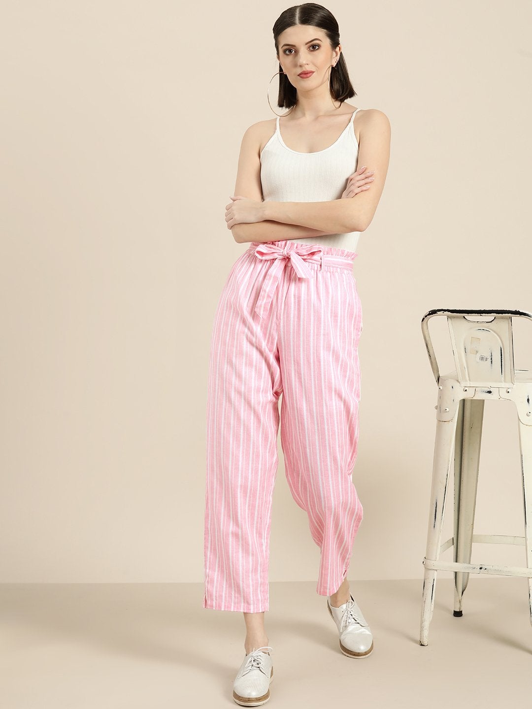 Women's Pink Stripes Paper Bag Pants