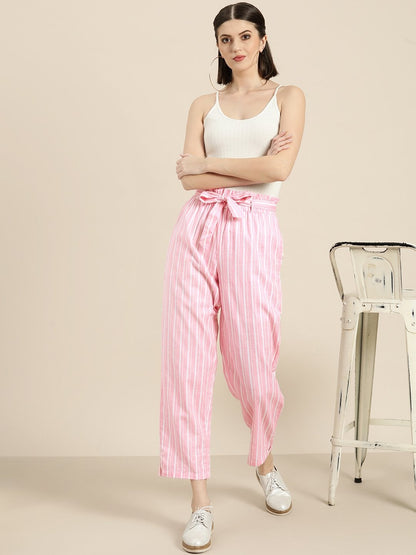 Women's Pink Stripes Paper Bag Pants