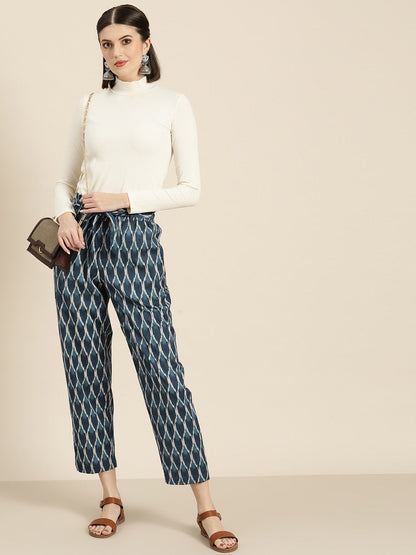 Women's Navy Ikat Paper Bag Pants