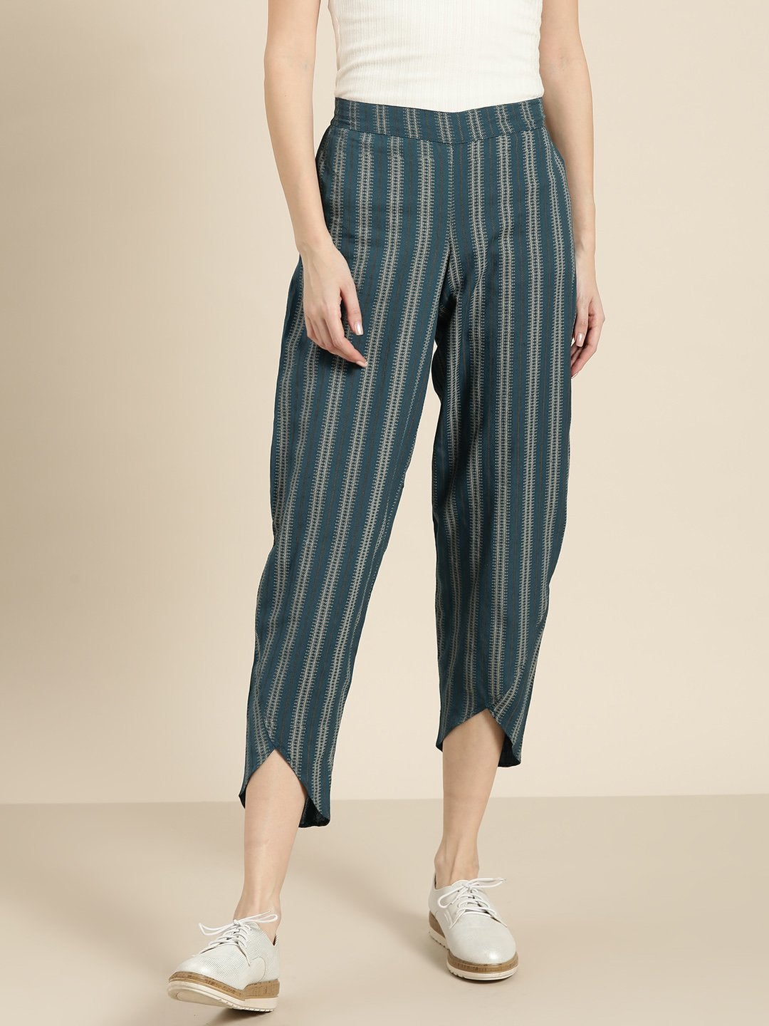 Women's Teal Striped Tulip Pants