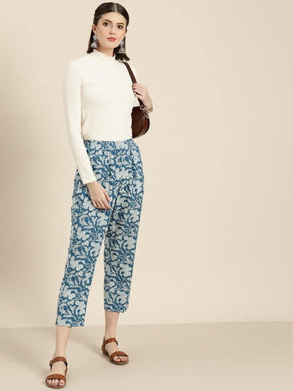 Women's Blue Floral Straight Pants