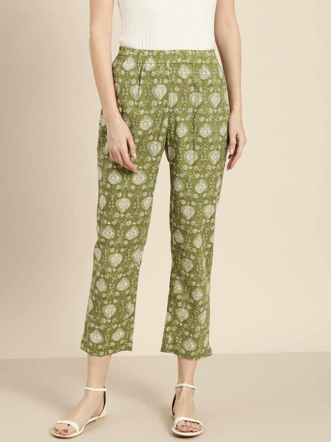 Women's Green Floral Straight Pants