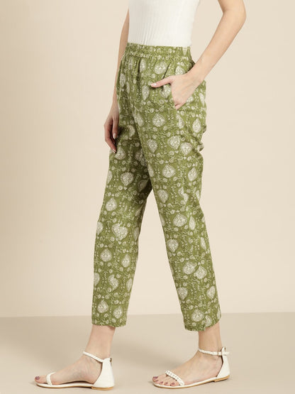 Women's Green Floral Straight Pants