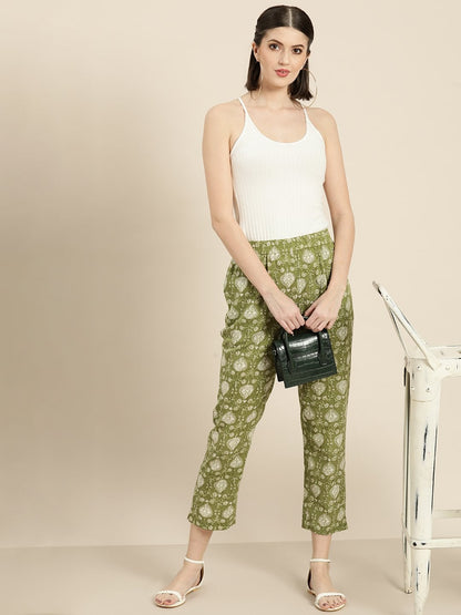 Women's Green Floral Straight Pants