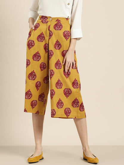Women's Mustard Floral Booti Flared Pants