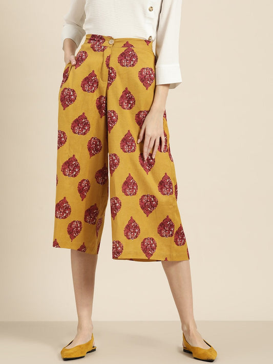 Women's Mustard Floral Booti Flared Pants