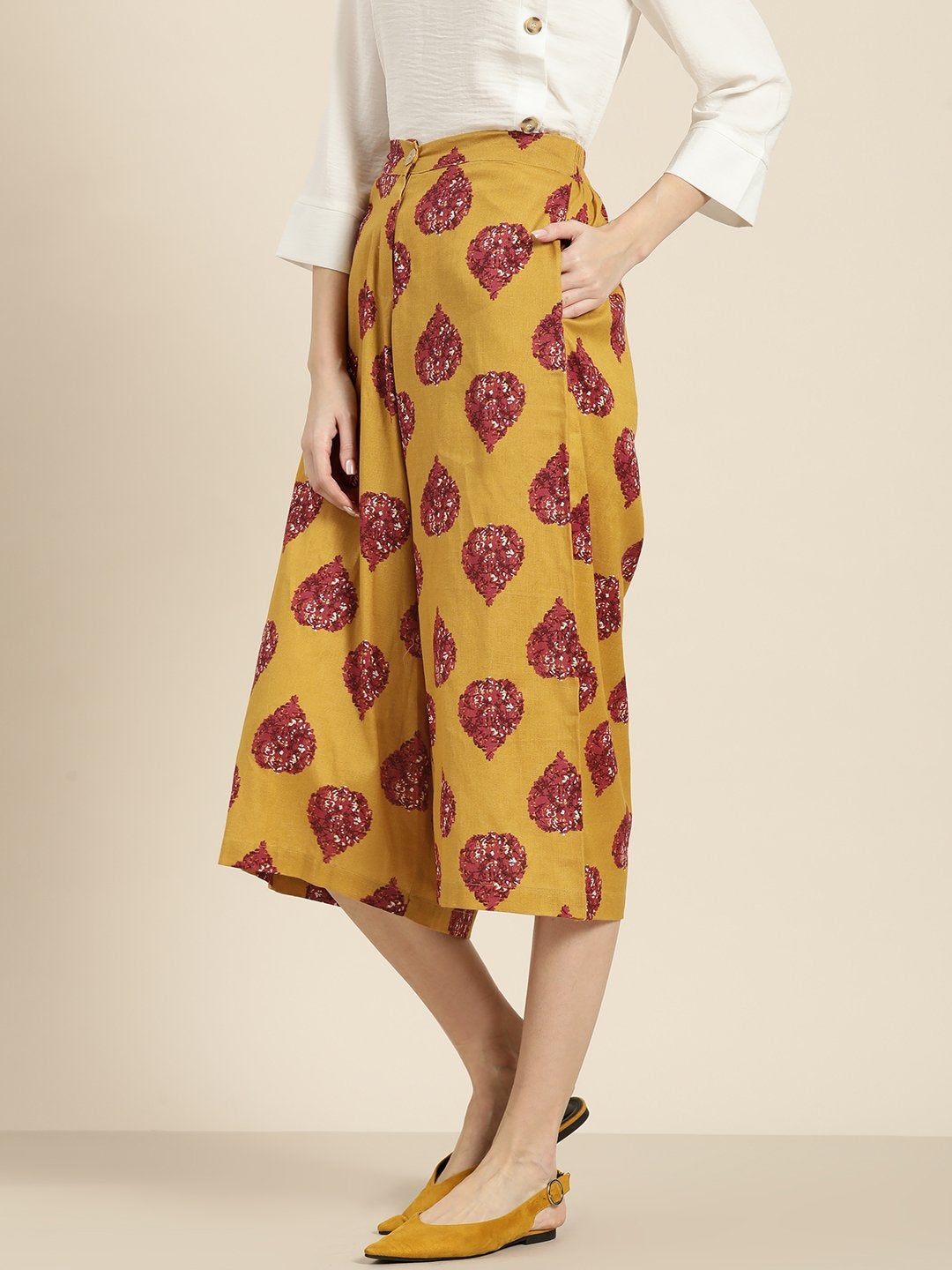 Women's Mustard Floral Booti Flared Pants