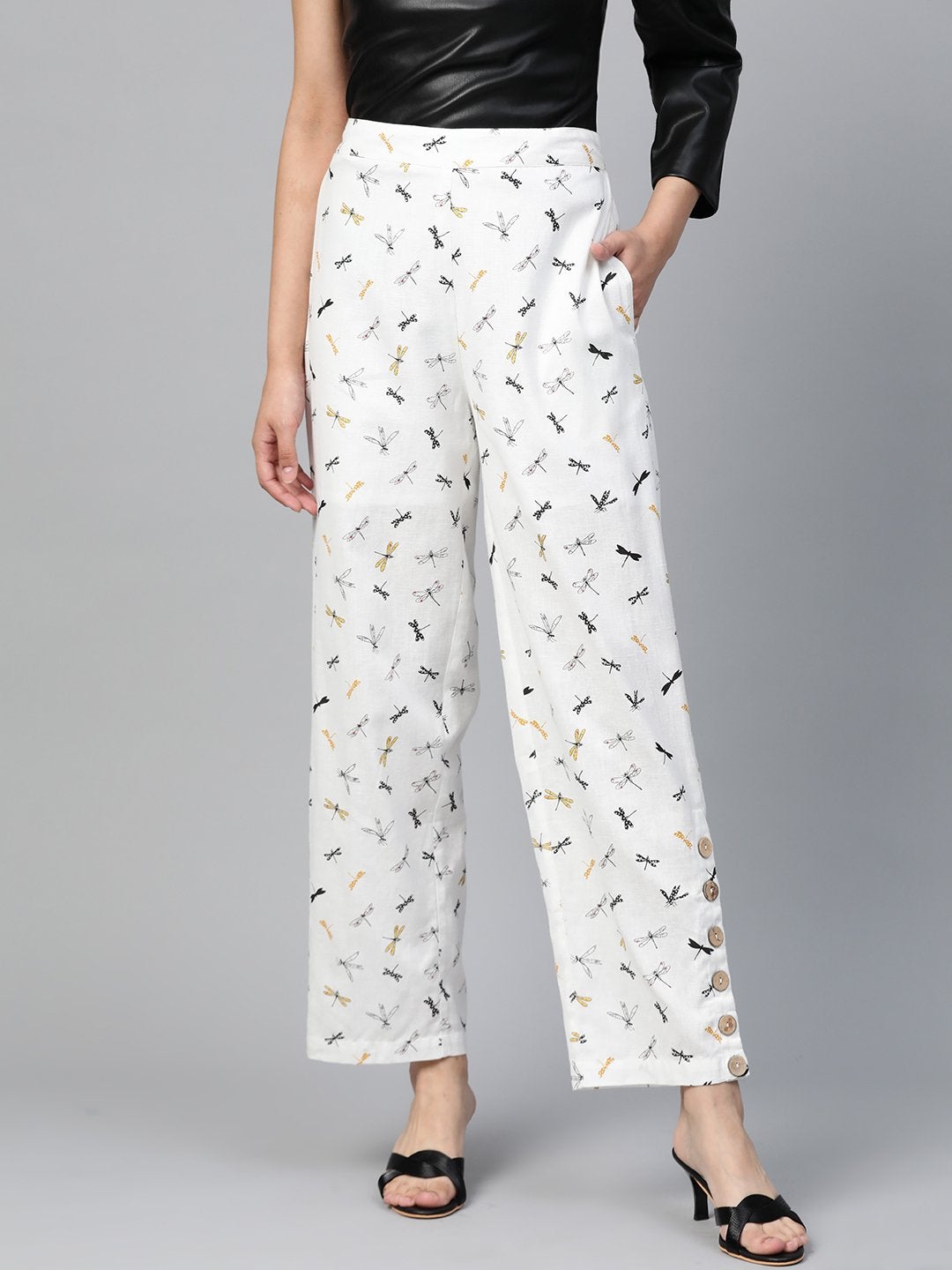 Women's White Drangonfly Print Side Button Palazzo