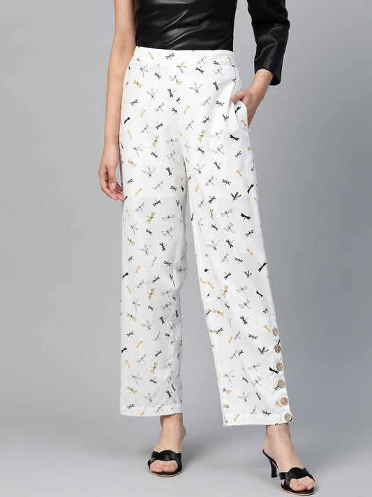 Women's White Drangonfly Print Side Button Palazzo