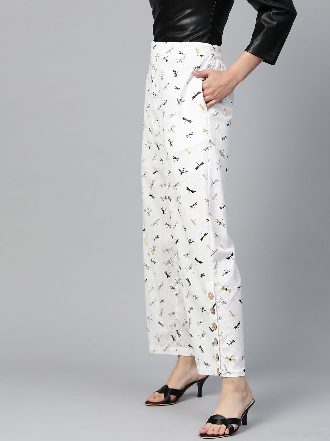 Women's White Drangonfly Print Side Button Palazzo