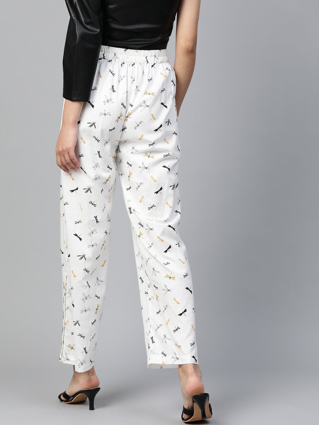 Women's White Drangonfly Print Side Button Palazzo