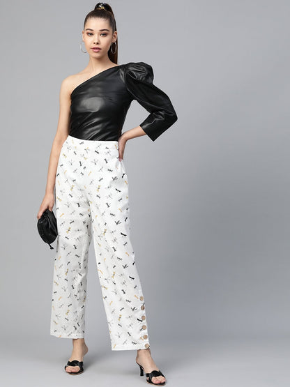 Women's White Drangonfly Print Side Button Palazzo