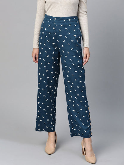Women's Navy Bird Print Side Button Palazzo