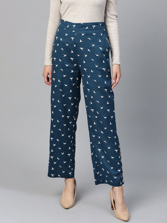 Women's Navy Bird Print Side Button Palazzo