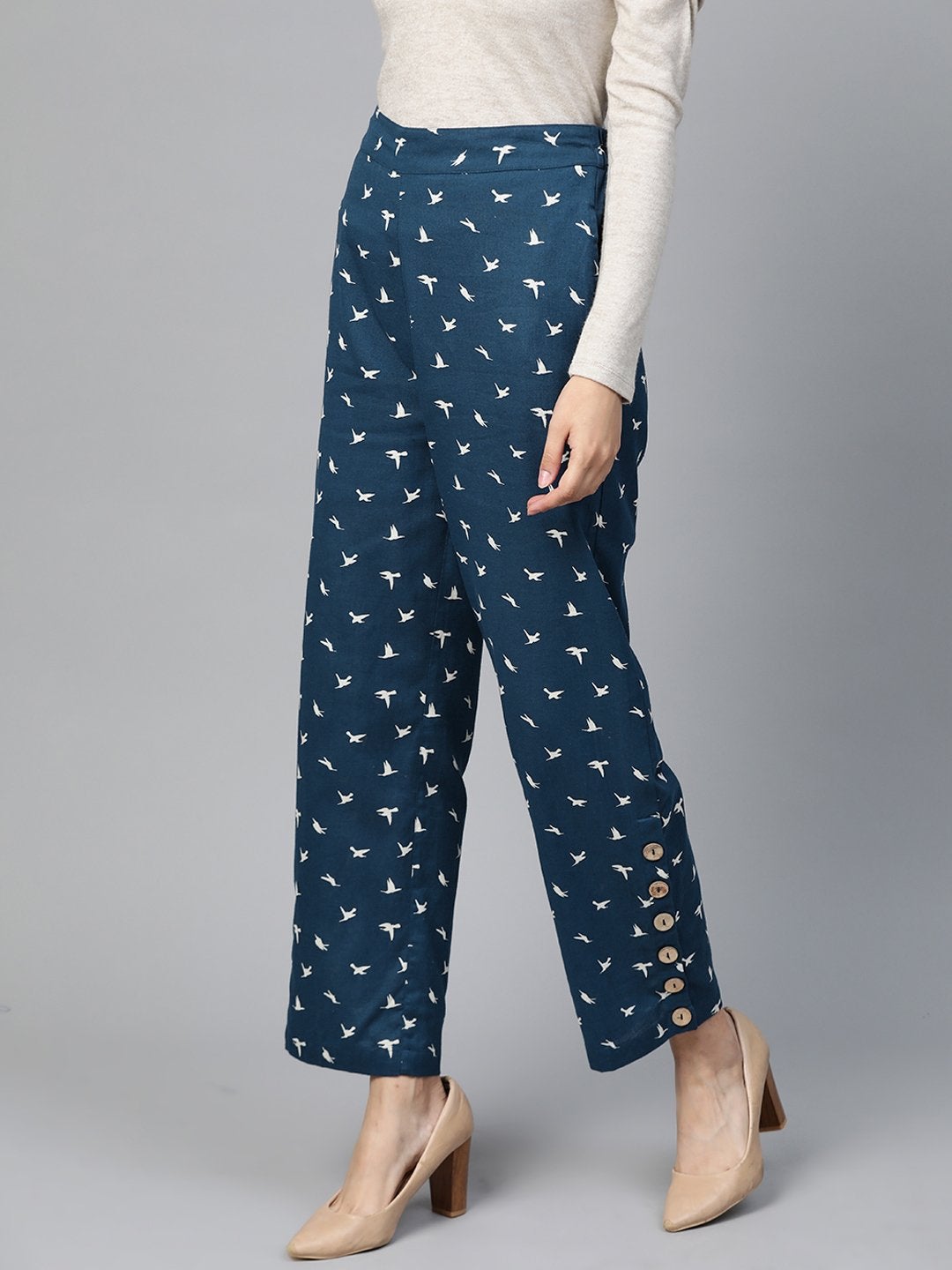 Women's Navy Bird Print Side Button Palazzo
