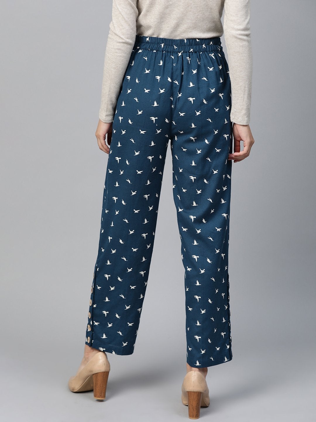 Women's Navy Bird Print Side Button Palazzo