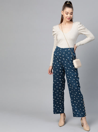Women's Navy Bird Print Side Button Palazzo