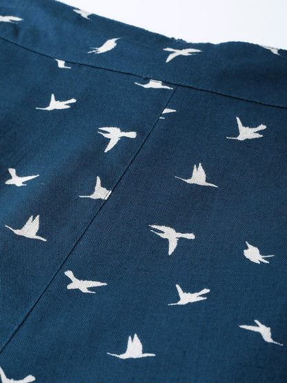Women's Navy Bird Print Side Button Palazzo