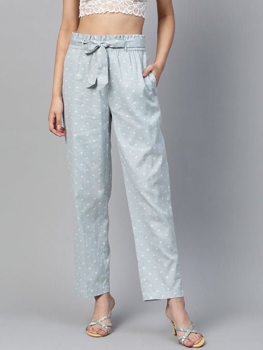Women's Blue Heart Print Tapered Belted Pants