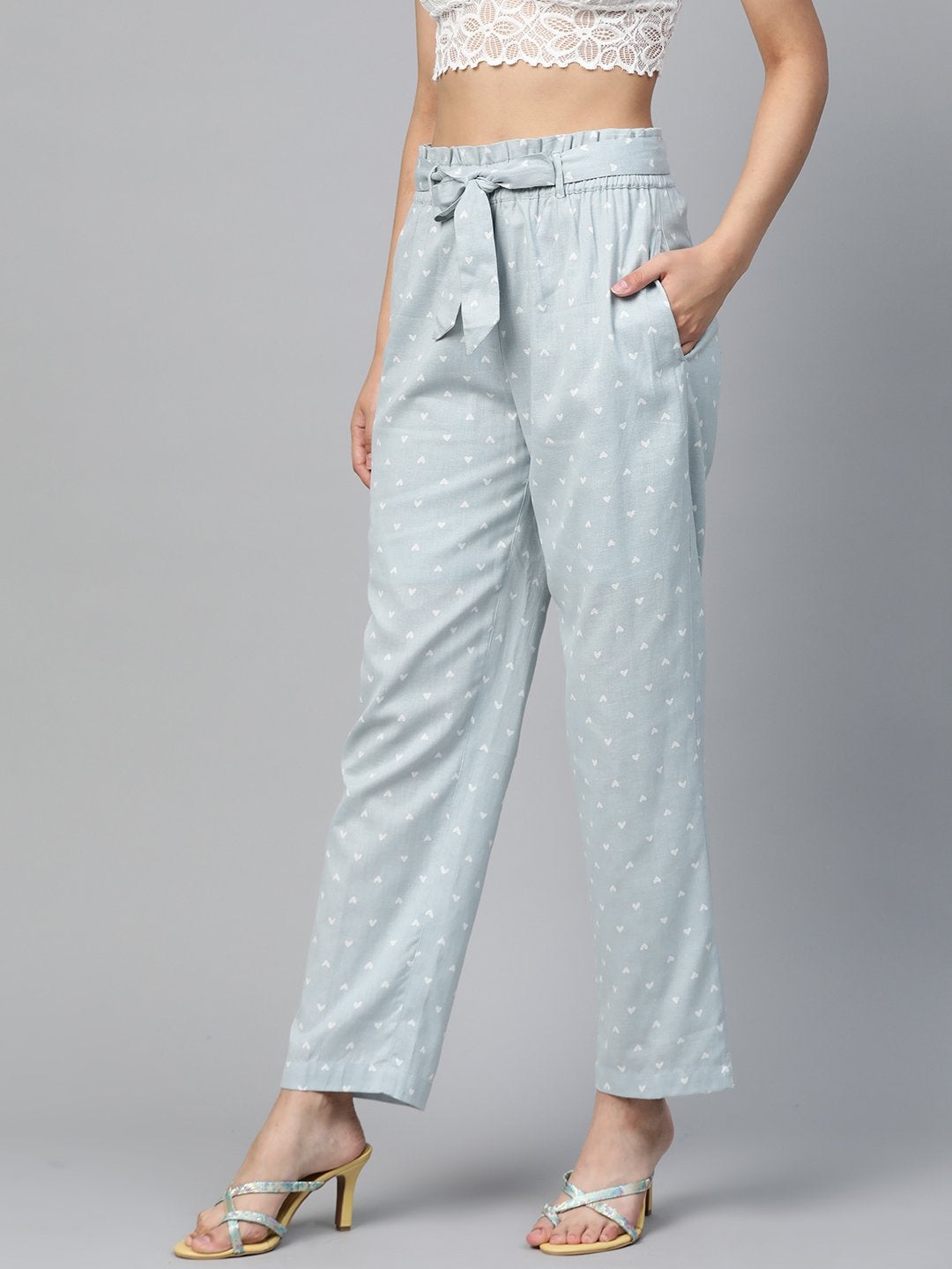 Women's Blue Heart Print Tapered Belted Pants