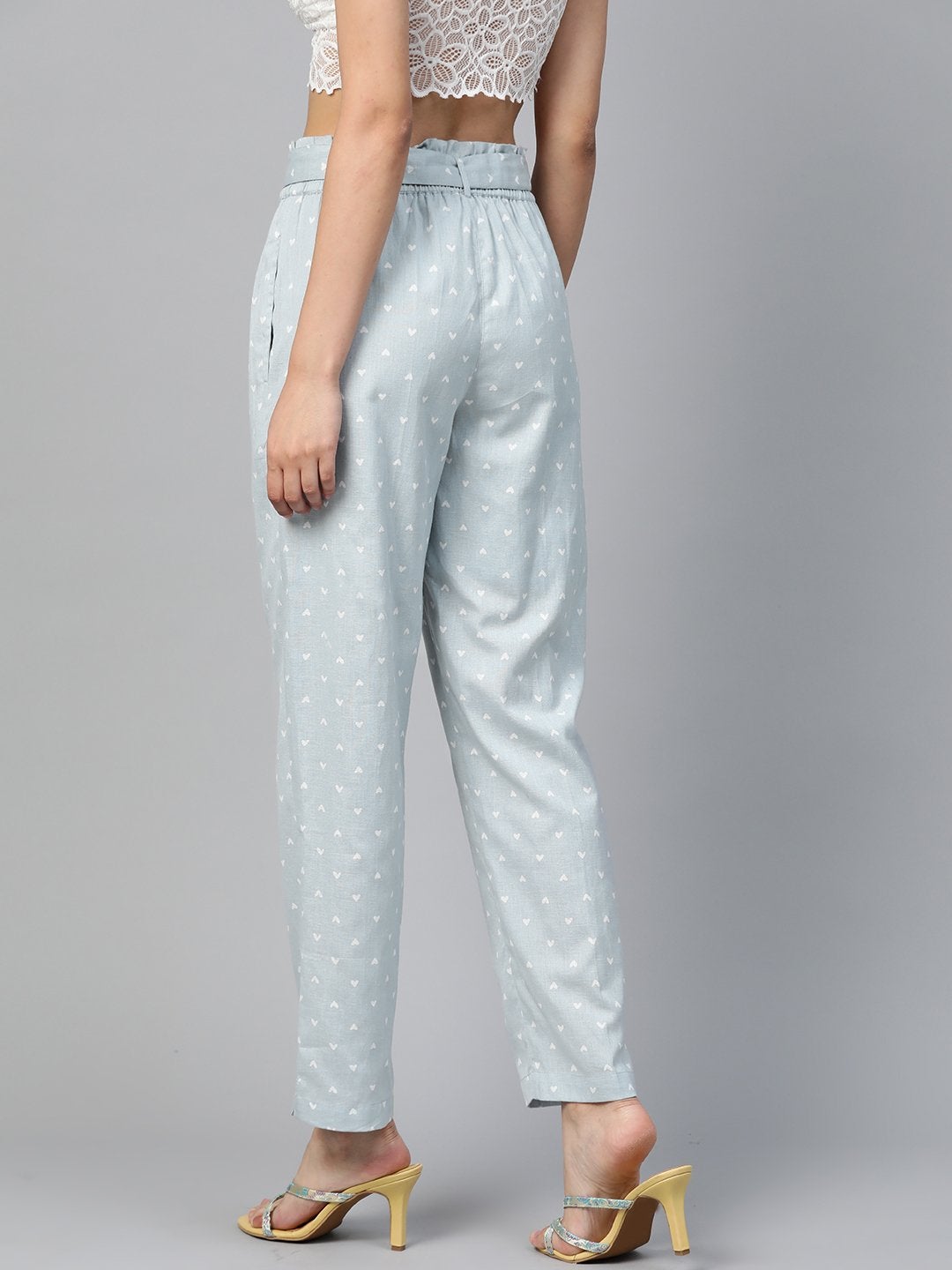 Women's Blue Heart Print Tapered Belted Pants
