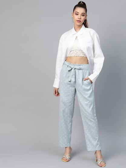 Women's Blue Heart Print Tapered Belted Pants