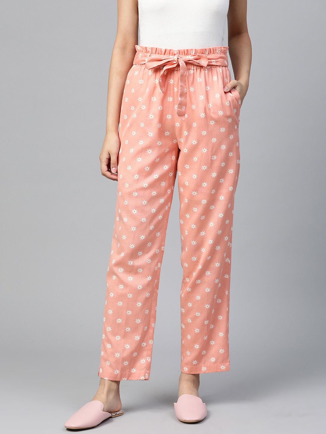 Women's Peach Floral Tapered Belted Pants