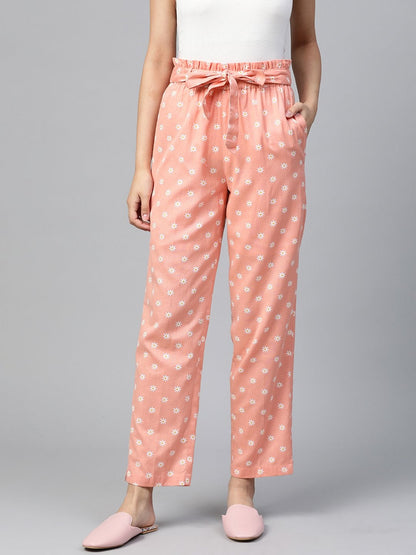 Women's Peach Floral Tapered Belted Pants