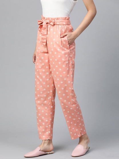 Women's Peach Floral Tapered Belted Pants