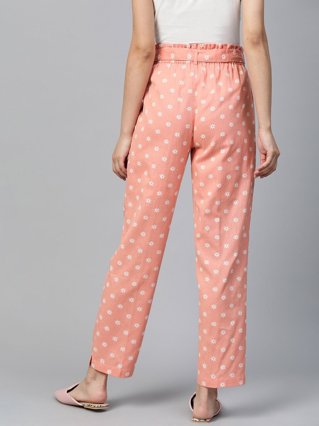 Women's Peach Floral Tapered Belted Pants