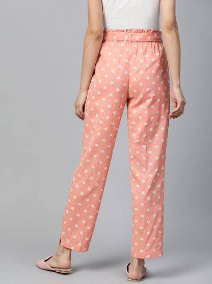 Women's Peach Floral Tapered Belted Pants