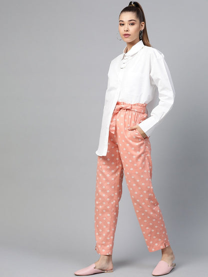 Women's Peach Floral Tapered Belted Pants