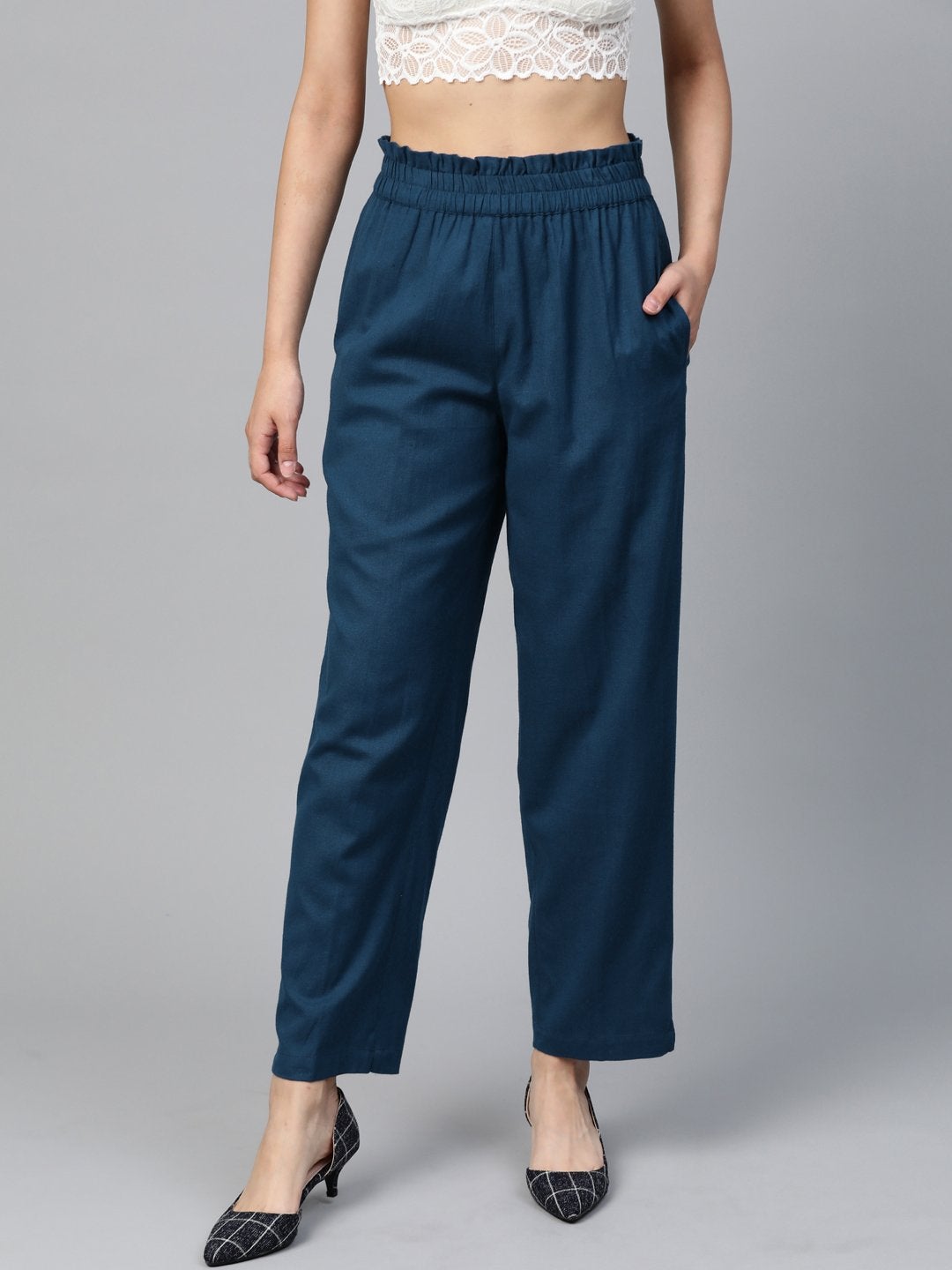 Women's Navy Paperbag Tapered Pants