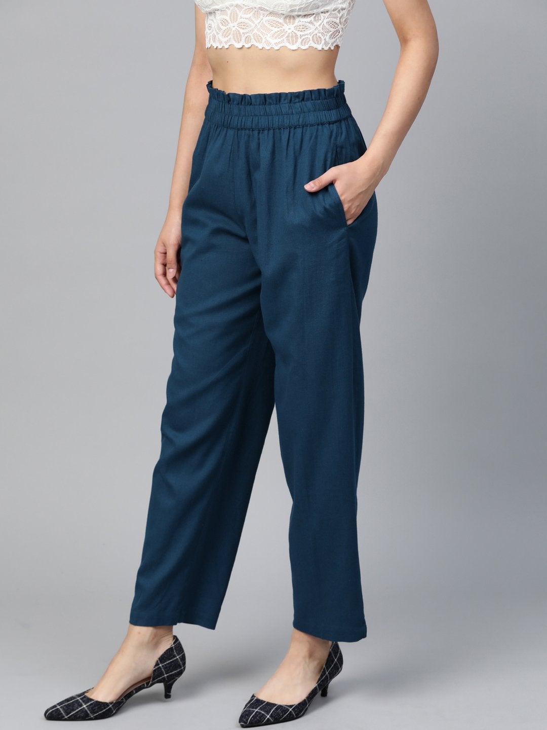 Women's Navy Paperbag Tapered Pants
