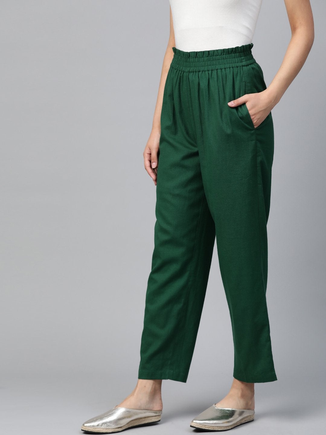 Women's Green Paperbag Tapered Pants
